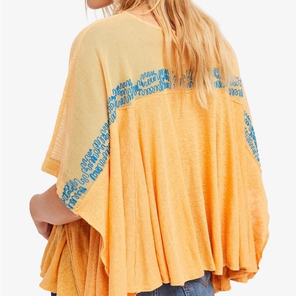 Free People Love Letter Embroidered Linen Blend Poncho Top Tangerine Sz L $128 - Picture 3 of 12